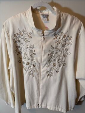 Bon Worth Cream Embroidered Zip-Front Bomber Jacket